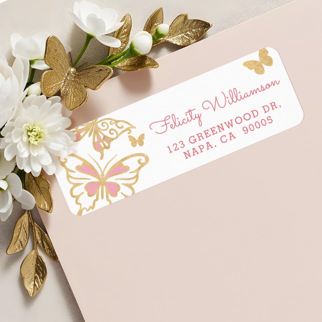 Magique Chic Plutôt mignon Papillons Or et Rose (Magical Chic Pretty Cute Gold and Pink Butterflies Label)