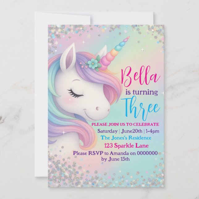 Magique Pastel Unicorn Invitation Anniversaire - G (Devant)