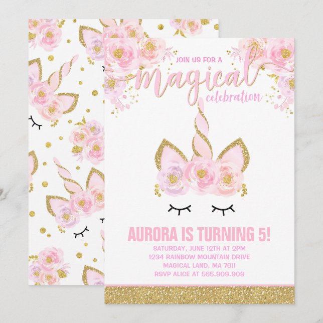 Magique Unicorn Invitation Anniversaire Unicorn Pa (Devant / Derrière)