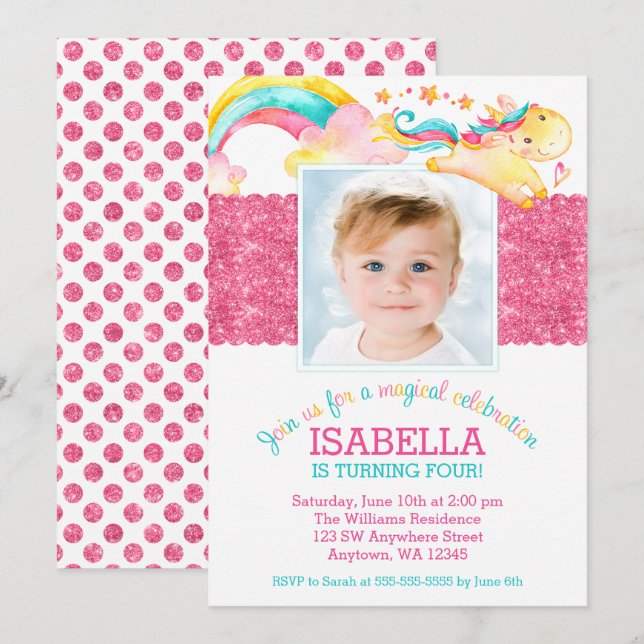 Magique Unicorn rose Anniversaire Photo Invitation (Devant / Derrière)