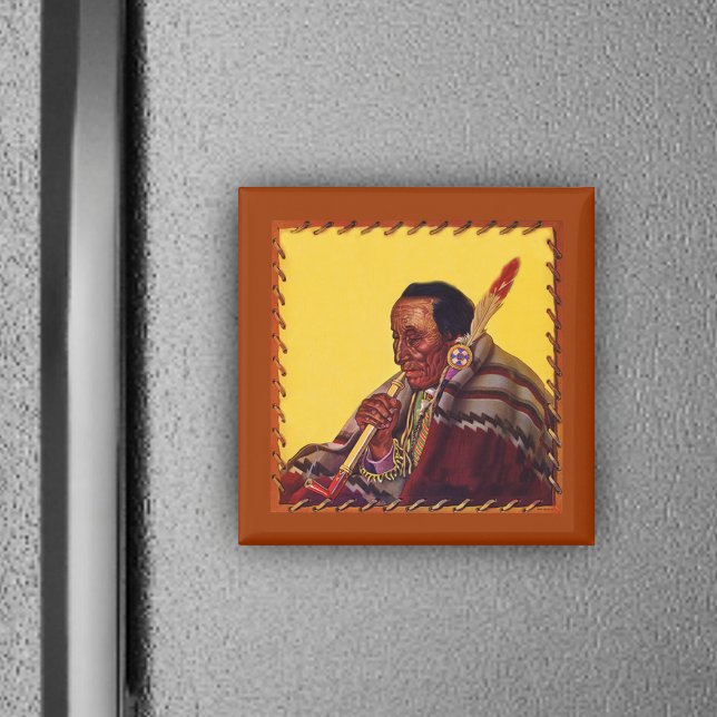 Magnet amérindien (Native American sitting with peace pipe on yellow and leather look magnet.)