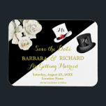MAGNET Black & White Wedding Save the Date<br><div class="desc">Romantic and unique black and white floral budget Save the Date. Gold lettering to set it off and a black top hat for the gentleman and a white hat for the bride-to-be. Carefully labelled "Ms. and Mr." to change as the event draws closer, of course. For any design questions or...</div>