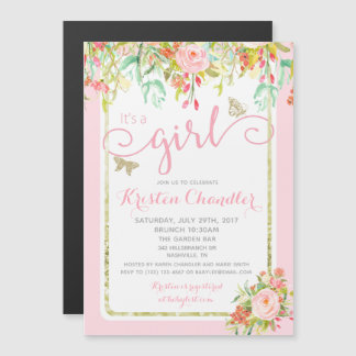 MAGNET Butterfly Girl Floral Rose Baby Invitation