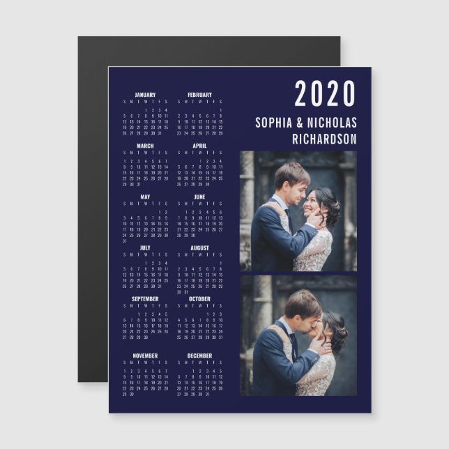 Magnet Calendrier photo 2020 de Navy Blue Modern T (Devant / Derrière)
