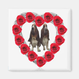 Magnet Candy Red Heart Roses With Basset Hounds