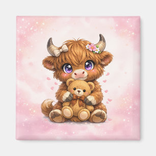 Magnet carré avec une vache des Highlands mignonne