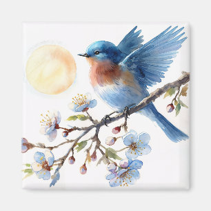 Magnet carré Oiseau bleu sur branche fleurie
