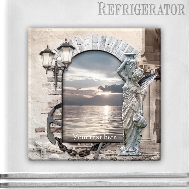 Magnet d'art nautique italien classique (Italian nautical magnet featuring a coastal scene with Roman arch, angel and lantern)