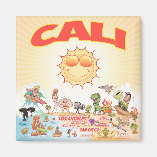 Magnet de caricatures de Cali en Californie du Sud (Devant)