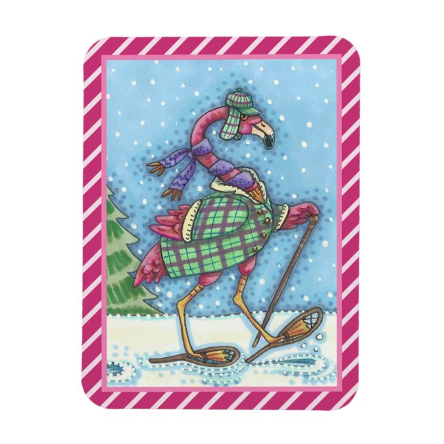 MAGNET DE FLAMANT ROSE ROSE DE NEIGE HIVER (Vertical)