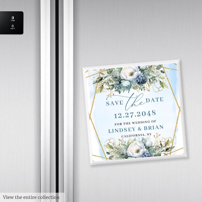 Magnet de luxe poussiéreux bleu or pailleté pour m (Luxury Dusty Blue Gold Glitter Save the Date Magnet)