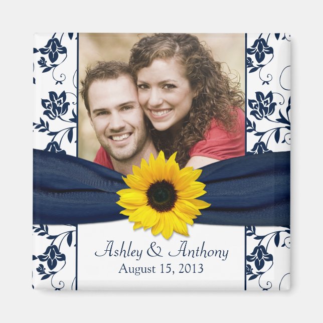 Magnet de Mariage damassé blanc blanc bleu de la S (Devant)