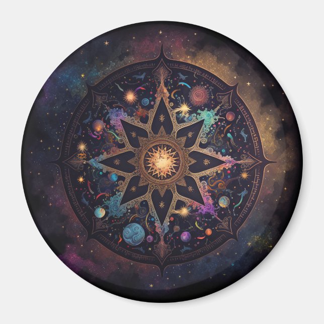 Magnet du bouton d'art visionnaire cosmique Mandal (Devant)