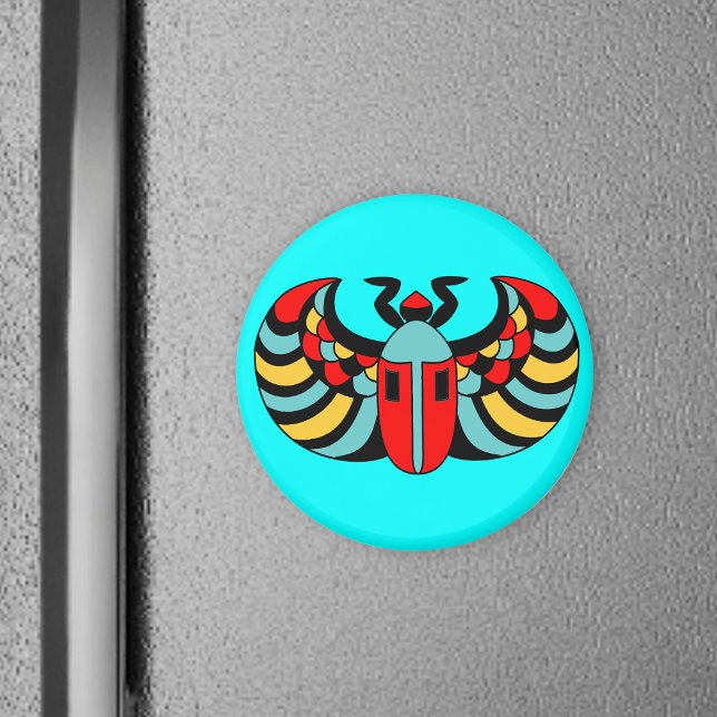 Magnet égyptien Scarab (Abstract Scarab beetle with colourful markings on aqua blue round magnet.)