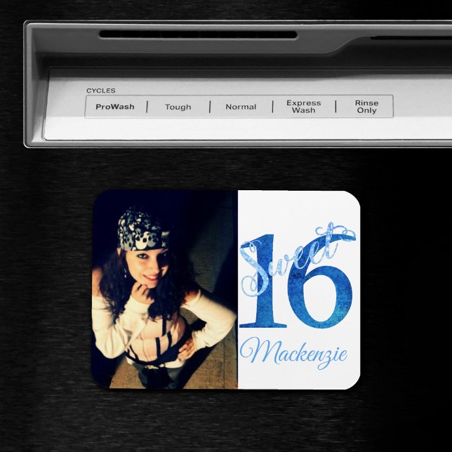 Magnet Flexible 16 ans | Glitzy Blue Glam Typographie et photo (Créateur téléchargé)