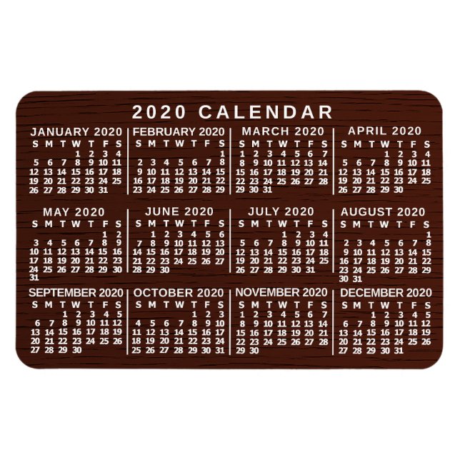 Magnet Flexible 2020 Année Calendrier mensuel Brown Grain de bois  (Horizontal)