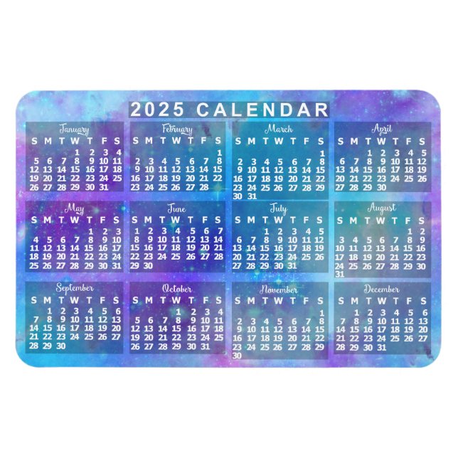 Magnet Flexible 2025 Année Calendrier mensuel Etoiles d'aquarelle  (Horizontal)