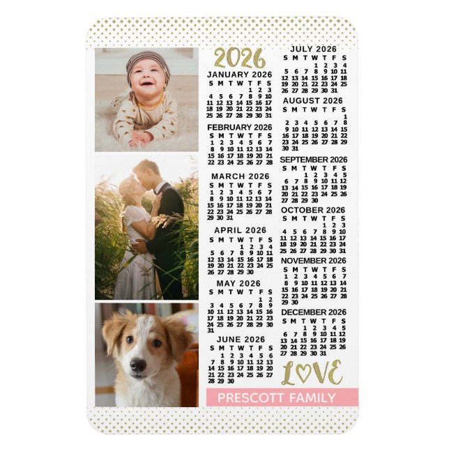 Magnet Flexible 2026 Calendar Blush Pink Gold Family Photo Collage (Vertical)