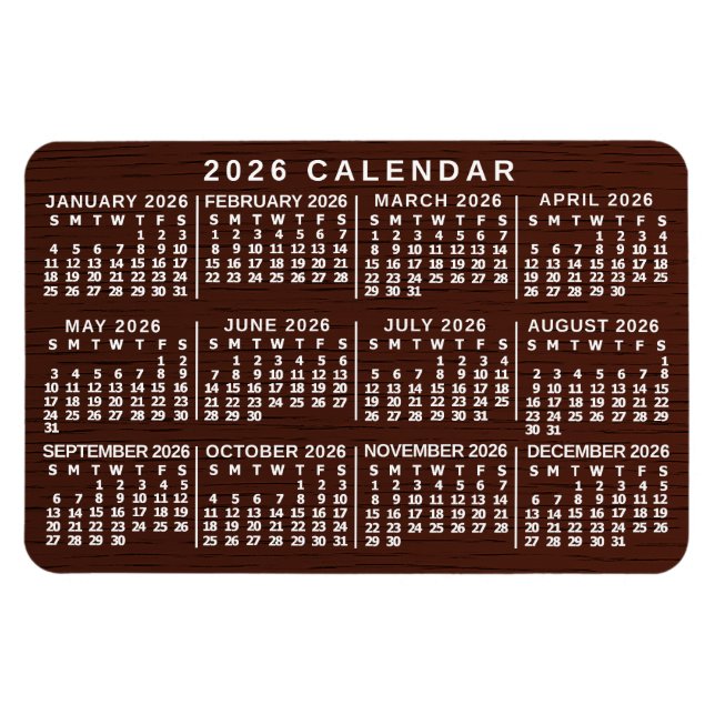 Magnet Flexible 2026 Year Monthly Calendar Brown Wood Grain Simple (Horizontal)