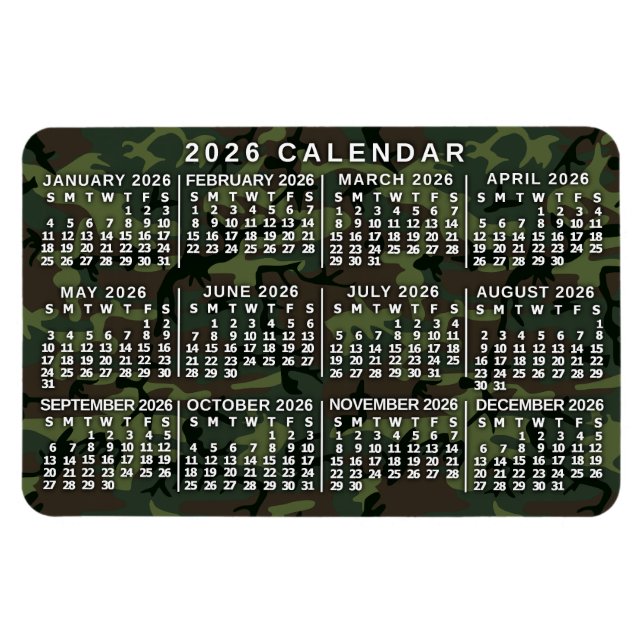 Magnet Flexible 2026 Year Monthly Calendar Camouflage Camo Green (Horizontal)