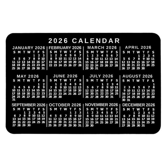 Magnet Flexible 2026 Year Monthly Calendar Classic Black and White (Horizontal)