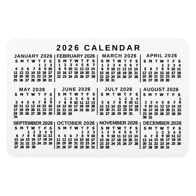 Magnet Flexible 2026 Year Monthly Calendar Classic White and Black (Horizontal)