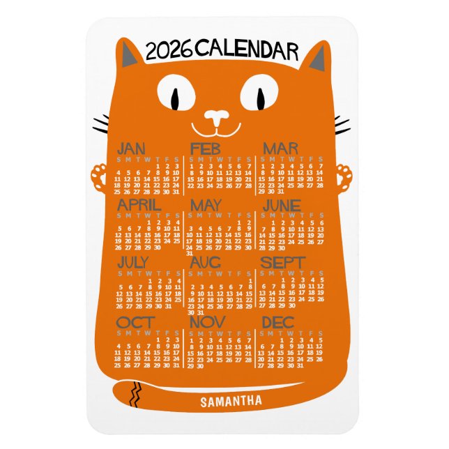 Magnet Flexible 2026 Year Monthly Calendar Mid-Century Orange Cat (Vertical)
