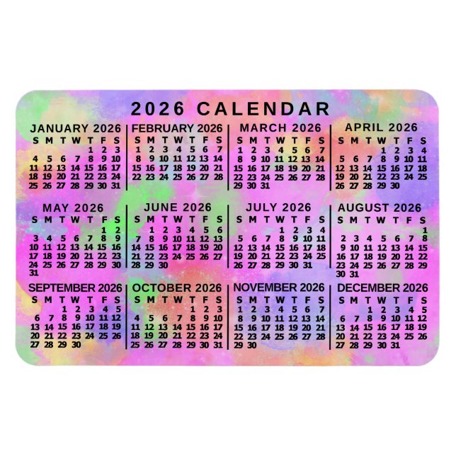 Magnet Flexible 2026 Year Monthly Calendar Rainbow Splatter Paint (Horizontal)