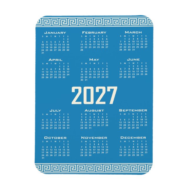 Magnet Flexible 2027 Calendar, Greek Fret, Cosmic Latte on Blue (Vertical)