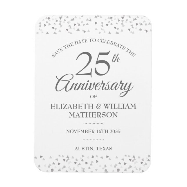 Magnet Flexible 25e anniversaire Sauvez la date Coeurs d'argent (Vertical)