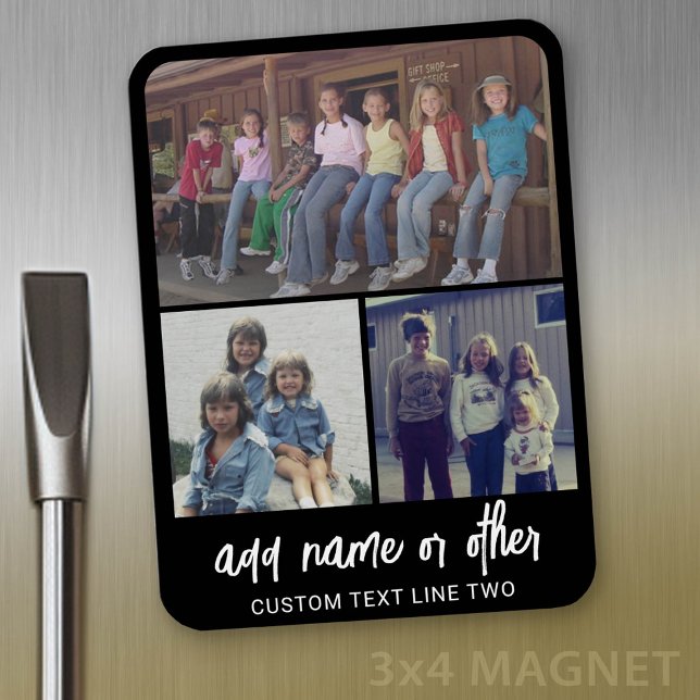 Magnet Flexible 3 Collage photo avec texte de script - noir blanc (Personalized refrigerator magnet with photo collage and custom text - add 3 photos to this design)