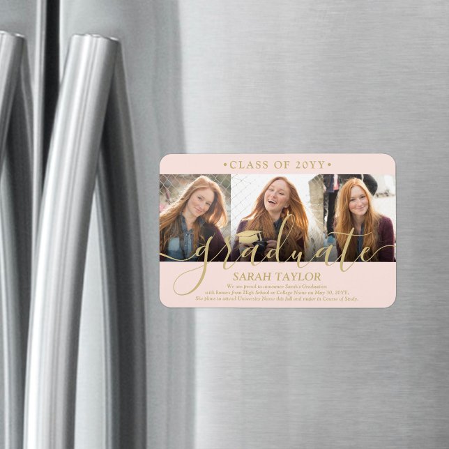 Magnet Flexible 3 Photo Blush Pink & Gold Graduation Faire-part (Créateur téléchargé)