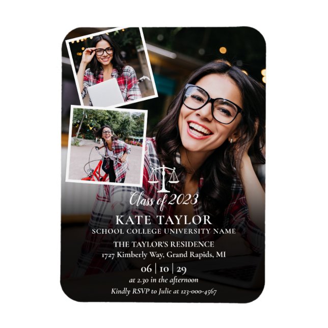 Magnet Flexible 3 Photo École de droit Graduation Party Invitation (Vertical)