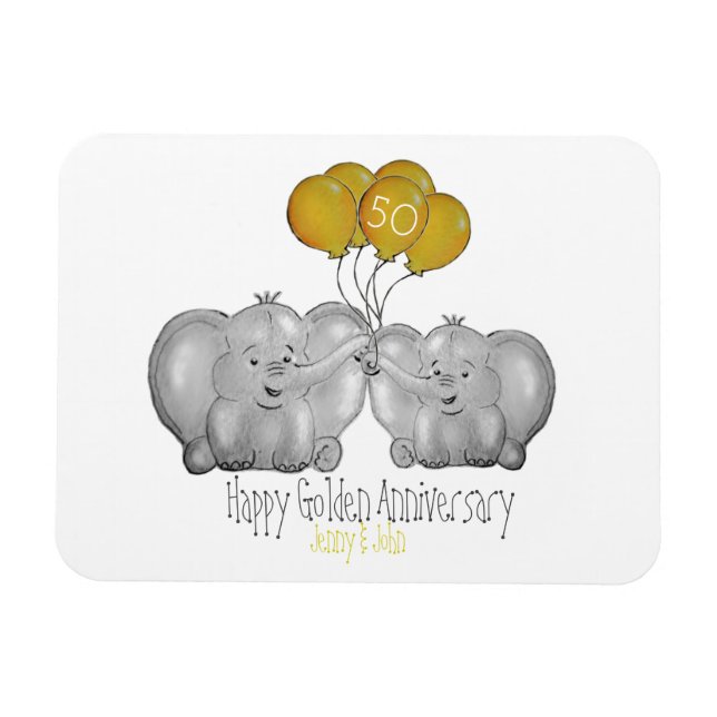 Magnet Flexible 50e Anniversaire Mariage d'or, éléphant mignon (Horizontal)