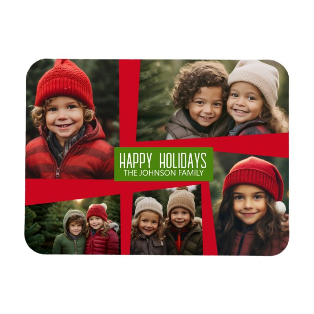 Magnet Flexible 5 Photo Collage Retro Joyeuses Fêtes Rouge Vert (Horizontal)