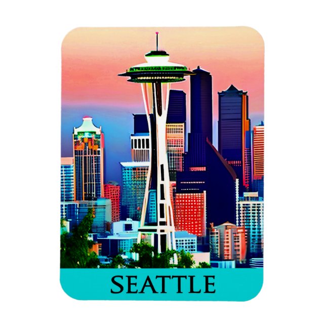 Magnet Flexible Affiche de voyage de Seattle sous un ciel d'aube (Vertical)