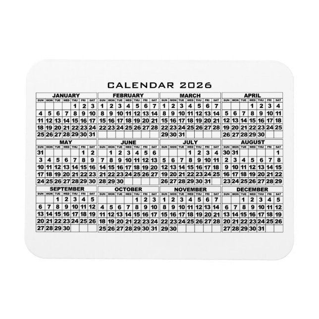 Magnet Flexible Aimant 2026 Calendrier Blanc (Horizontal)