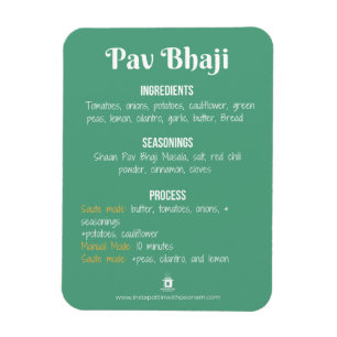 Magnet Flexible Aimant de recette de Pav Bhaji pour le pot