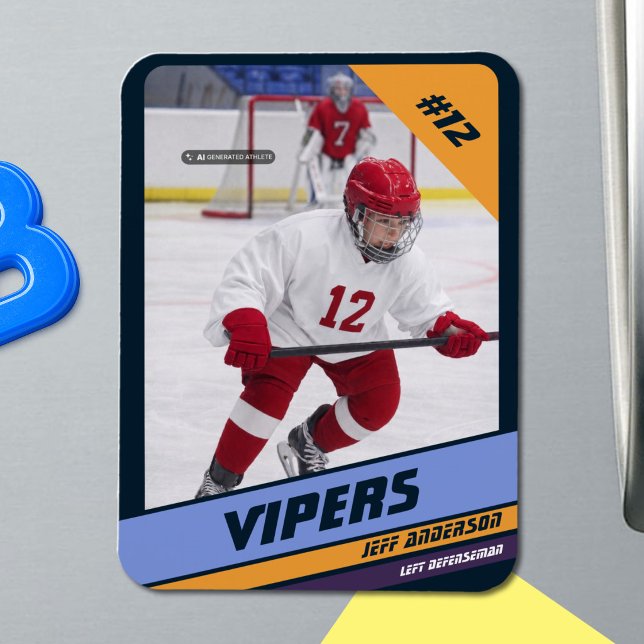 Magnet Flexible Aimant photo de hockey sur glace personnalisé Navy (Ice Hockey: Vibrant violet jersey magnet featuring customizable player image and number.)
