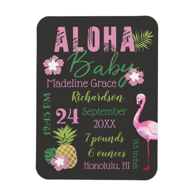Magnet Flexible Aloha Baby rose & vert Tropical Baby Birth Statist (Vertical)