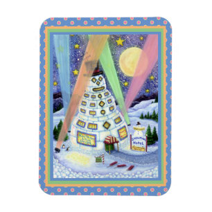 MAGNET FLEXIBLE AMUSANT HÔTEL DE SNOWMAN, LUMIÈRES DU NORD ET PENG