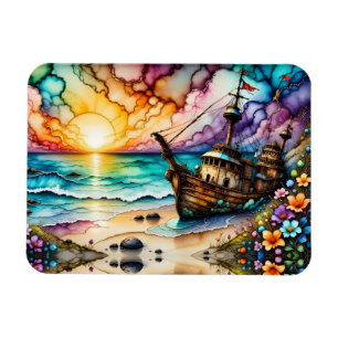 Magnet Flexible Ancien naufrage coloré Fleurs de plage et Sky
