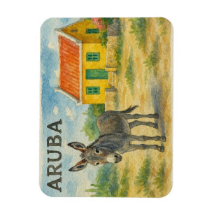 Magnet Flexible Âne d'Aruba avec aquarelle de maison Cunucu jaune