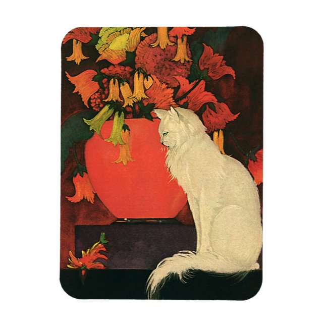 Magnet Flexible Animaux vintages, Chat blanc élégant, Fleurs d'aut (Vertical)