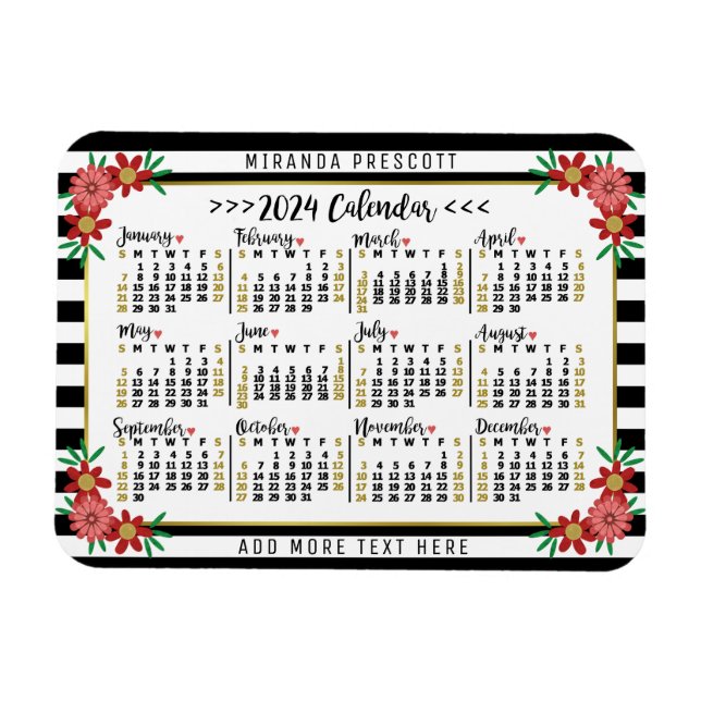 Magnet Flexible Année civile 2024 Grandes fleurs mensuelles | Pers (Horizontal)