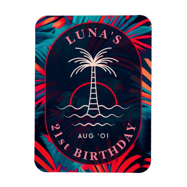 Magnet Flexible Anniversaire Beach party Palm tree coucher de sole (Vertical)