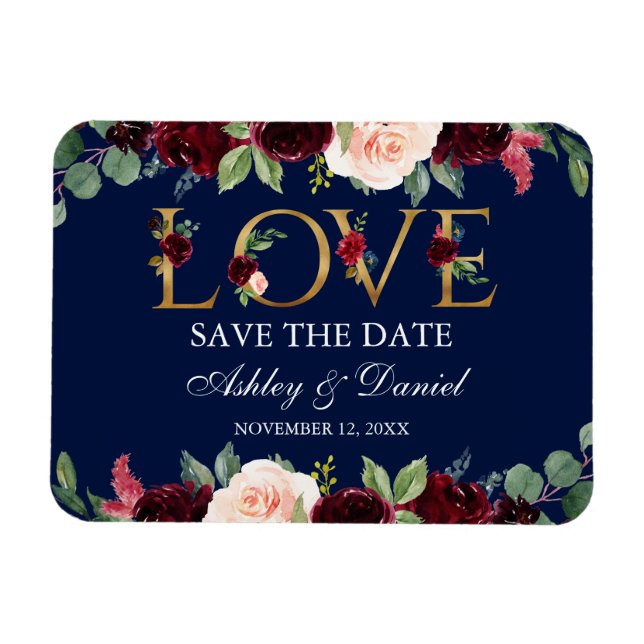 Magnet Flexible Aquarelle Bleu Bourgogne Amour Floral Enregistrer  (Horizontal)