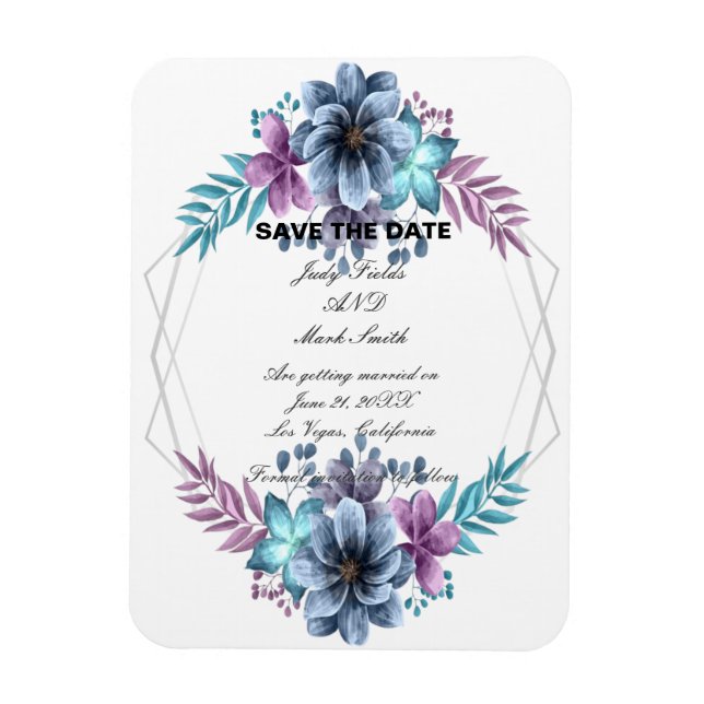 Magnet Flexible Aquarelle Bleu Et Violet Floral Enregistrer La Dat (Vertical)