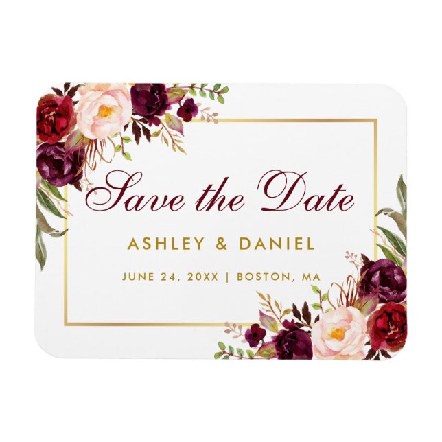 Magnet Flexible Aquarelle Floral Bourgogne Or Enregistrer La Date (Horizontal)