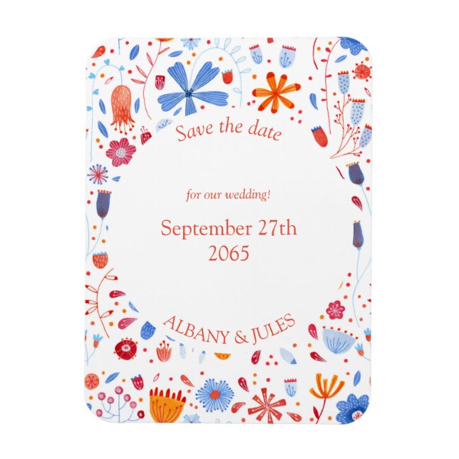 Magnet Flexible Aquarelle florale Bleu orange Enregistrer la date (Vertical)